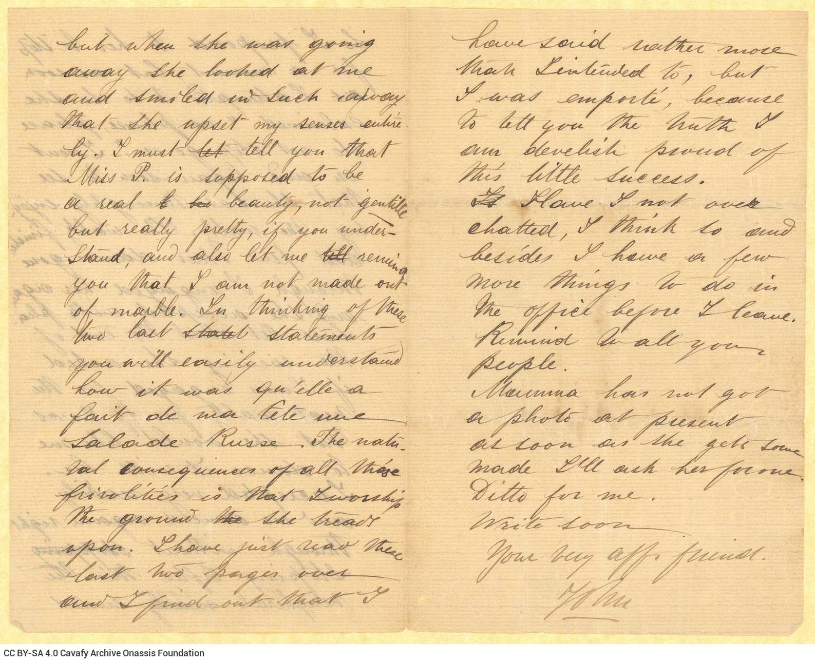 Handwritten letter by John [Rodocanachi] to Cavafy in two bifolios, with notes on all sides except for the verso of the last 