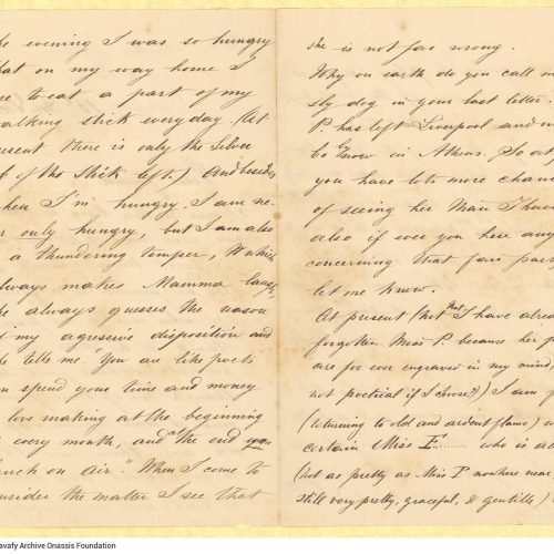 Handwritten letter by John [Rodocanachi] to Cavafy on all sides of a bifolio and of one loose sheet. The author expresses his