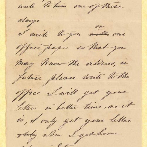 Handwritten letter by John [Rodocanachi] to Cavafy on all sides of a bifolio and of one loose sheet. The author expresses his