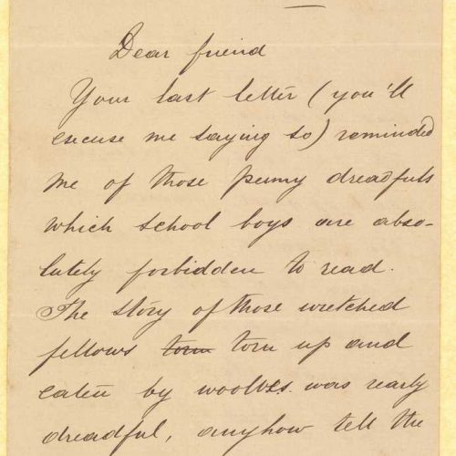 Handwritten letter by John [Rodocanachi] to Cavafy on all sides of a bifolio. Commentary on the content of the poet's last le
