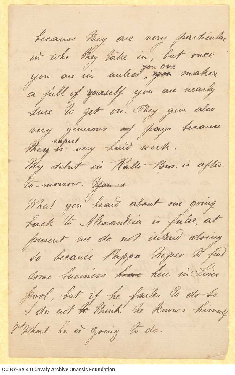Part of a handwritten letter by John [Rodocanachi] to Cavafy in three pages of a bifolio. Reference to the author moving to t