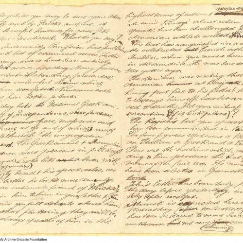 Handwritten letter by Stephen Schilizzi to Cavafy on all sides of a bifolio and of a small-size loose sheet. It is a reply to