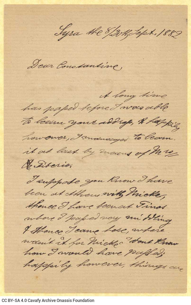 Handwritten letter by Stephen Schilizzi to Cavafy on all sides of a bifolio. Information about the author's return to Alexand