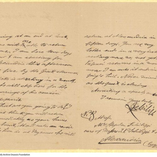 Handwritten letter by Stephen Schilizzi to Cavafy on all sides of a bifolio. Information about the author's return to Alexand