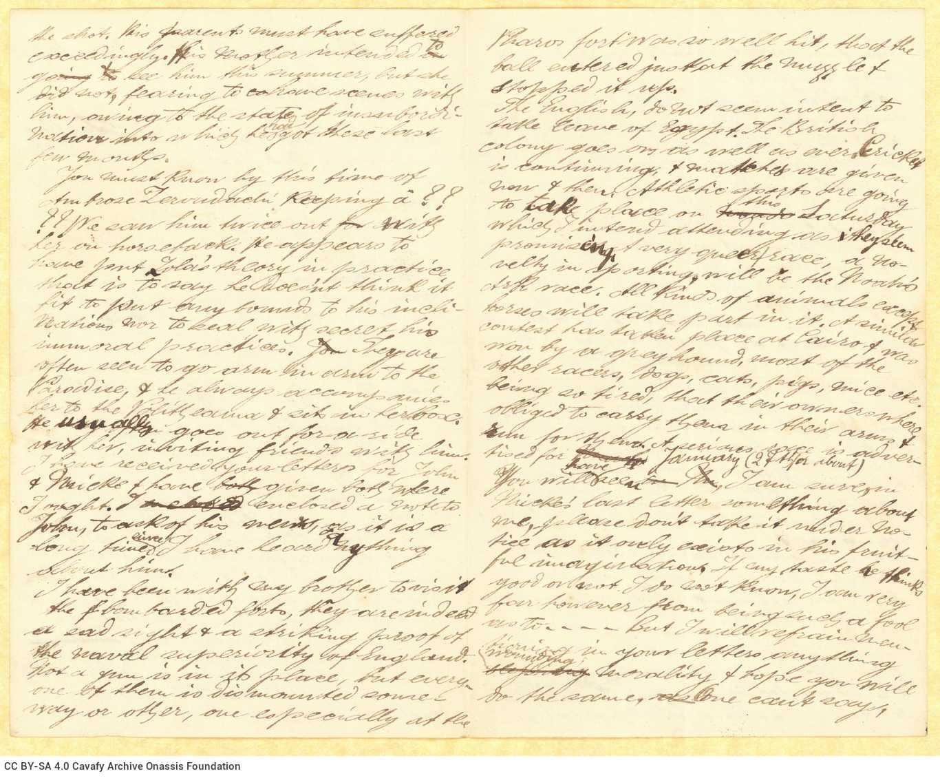 Handwritten letter by Stephen Schilizzi to Cavafy on all sides of a bifolio. The author comments on people from his friendly 