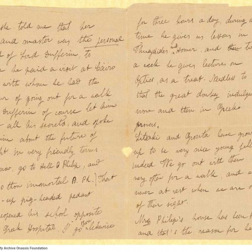 Handwritten letter by Stephen Schilizzi and M. Ralli [Mike Th. Ralli] to Cavafy on all sides of two bifolios. The content is 