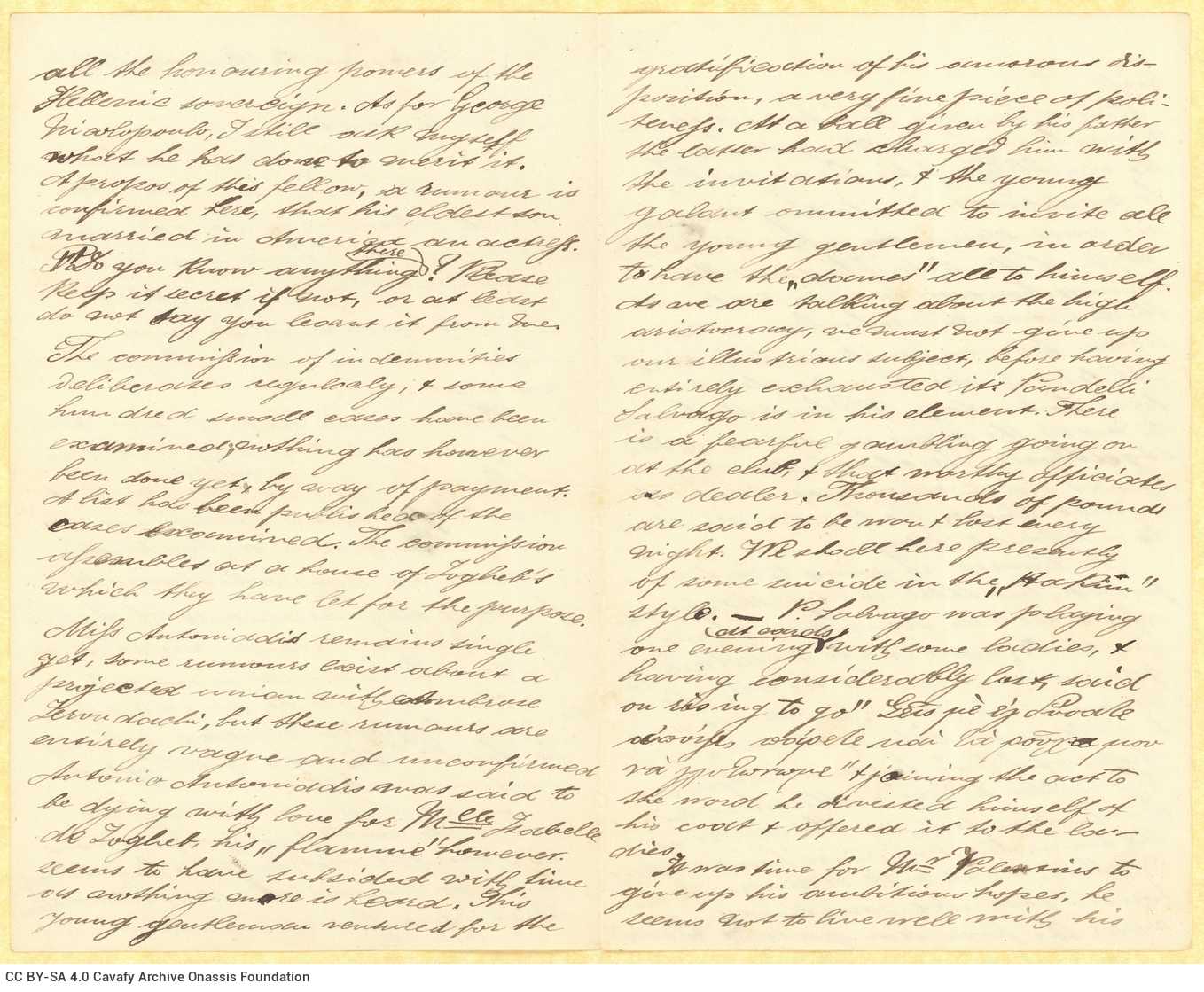 Handwritten letter by Stephen Schilizzi to Cavafy on all sides of two bifolios, apart from the last page. It is a reply to a 