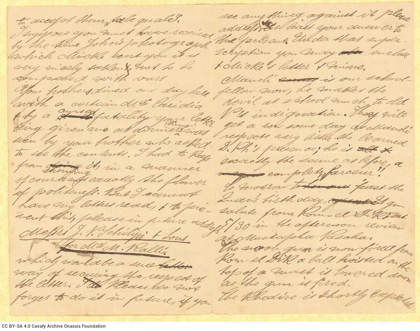 Handwritten diary-type letter by Stephen Schilizzi to Cavafy on all sides of a bifolio and of two loose sheets. Commentary on