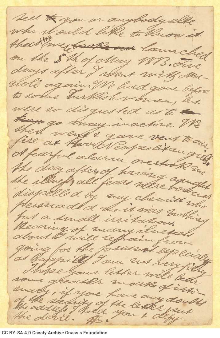 Handwritten diary-type letter by Stephen Schilizzi to Cavafy on all sides of a bifolio and of two loose sheets. Commentary on