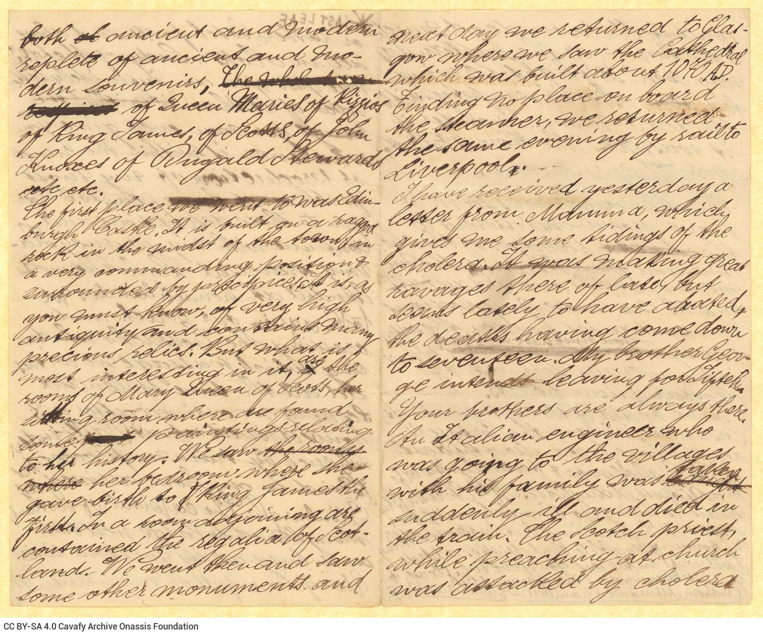Handwritten letter by Stephen Schilizzi to Cavafy on all sides of two bifolios. Detailed description of the author's trip to 