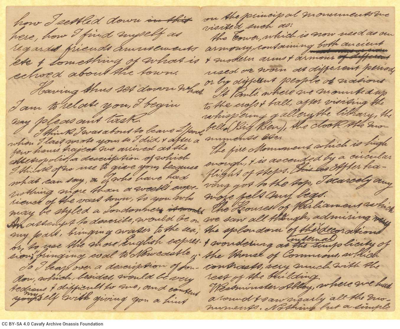 Handwritten diary-type letter by Stephen Schilizzi to Cavafy on all sides of two bifolios. The author describes the trip of h