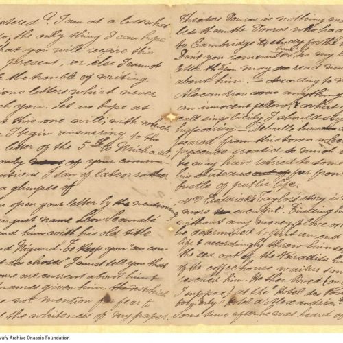 Handwritten letter by Stephen Schilizzi to Cavafy on all sides of a bifolio. The author expresses his concern regarding the r