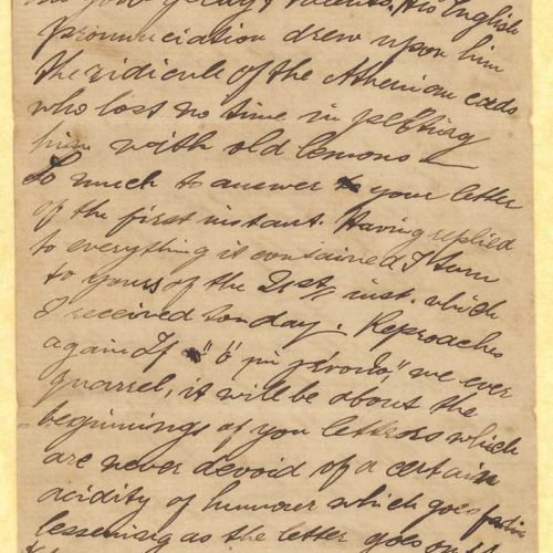 Handwritten letter by Stephen Schilizzi to Cavafy on all sides of two bifolios. It is a reply to two letters from December. T