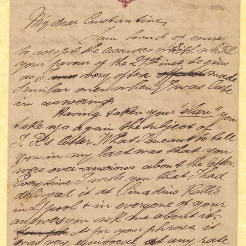 Handwritten letter by Stephen Schilizzi to Cavafy on all sides of a bifolio. Commentary on people from their friendly circle 
