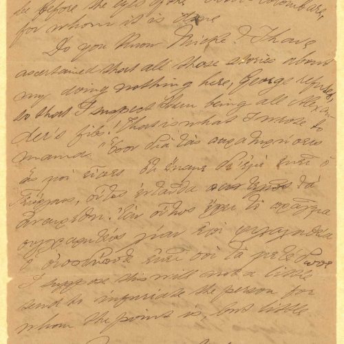 Handwritten letter by Stephen Schilizzi to Mike Th. Ralli and Cavafy, on both sides of a sheet. The author refers to his acti