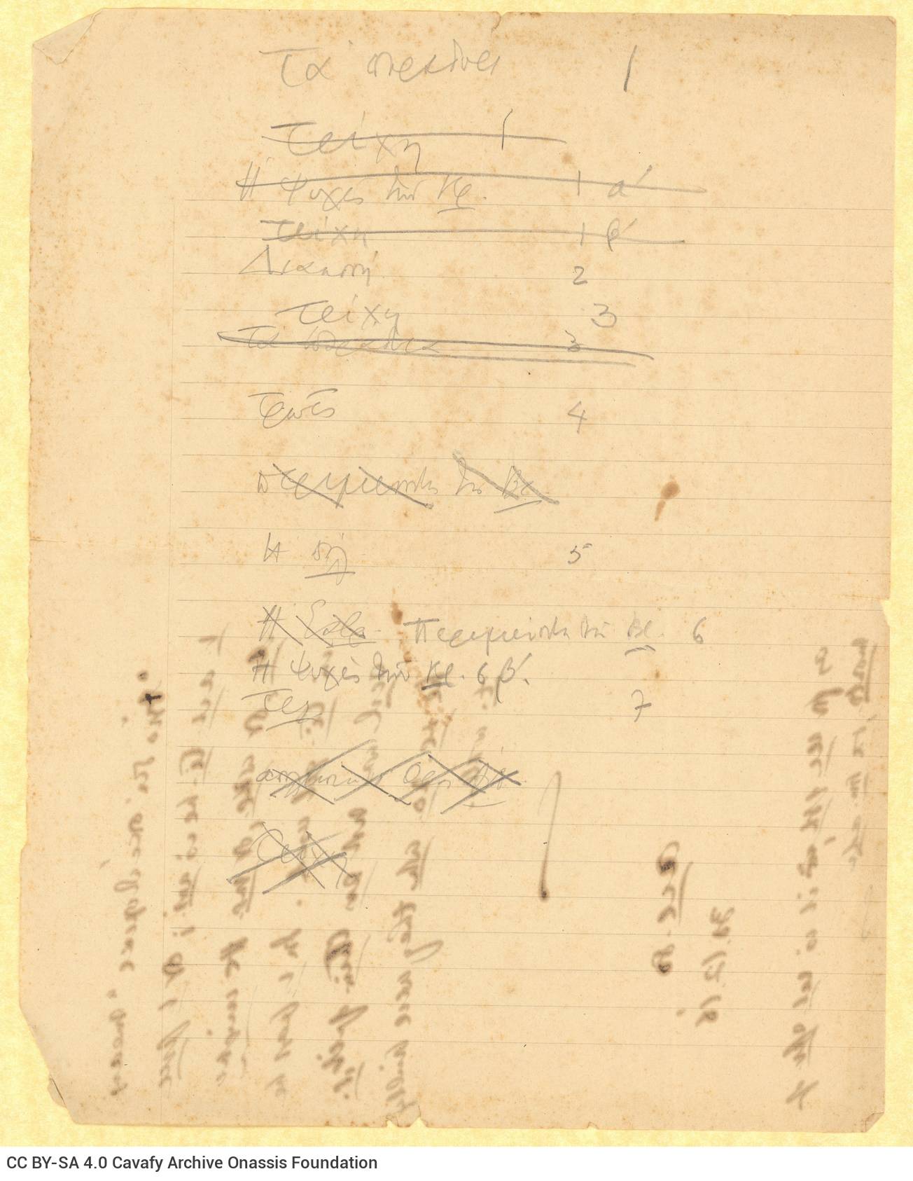 Handwritten notes by Cavafy on one side of a ruled sheet, initially folded in a bifolio. crossed out titles of poems of hi