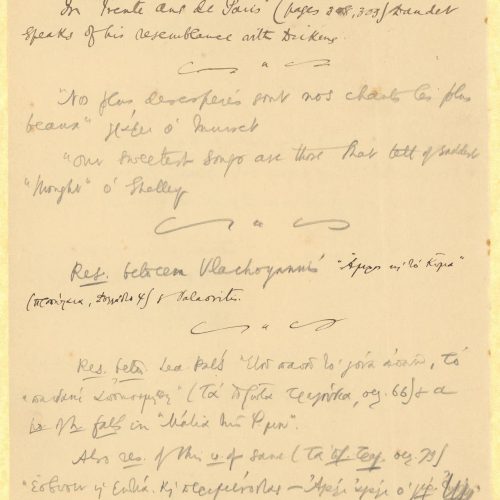 Handwritten notes by Cavafy on both sides of two sheets. The poet copies excerpts from Greek and foreign literary works, b