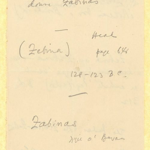 Handwritten notes by Cavafy on both sides of a sheet folded in a bifolio. The words "Zabinas", "Ptolemy" and "malefactor" 