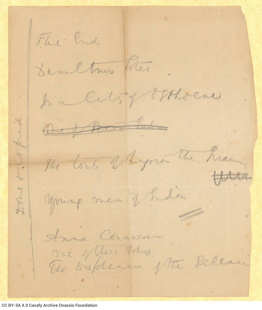 Handwritten titles of 19 poems by Cavafy, translated into English, on either side of a piece of paper. One of the titles has 