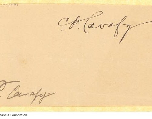 Small piece of paper with two signatures by Cavafy in English ("C. P. Cavafy") on one side. The other side is blank.