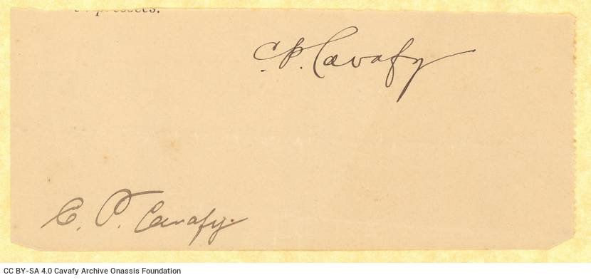 Small piece of paper with two signatures by Cavafy in English ("C. P. Cavafy") on one side. The other side is blank.