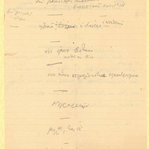 Handwritten notes by Cavafy on both sides of a ruled sheet. Cancellations. Comments on the Greek literary activity in Alex