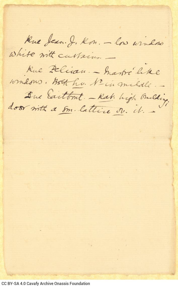 Handwritten notes by Cavafy on one side of a piece of paper. The other side is blank. Reference to specific features of bu