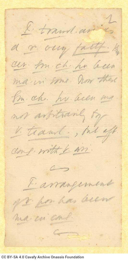 Handwritten notes by Cavafy on both sides of a piece of paper and on one side of a second piece of paper. Numbers "1" and 