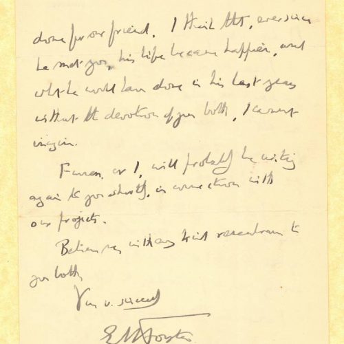 Handwritten letter by E. M. Forster to Alekos Singopoulo on both sides of a letterhead with his address in Dorking, England. 