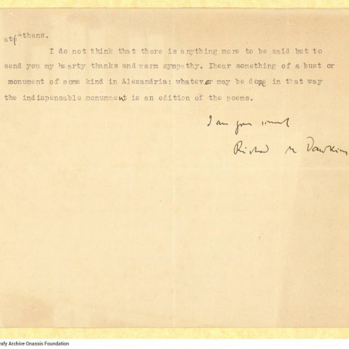 Δακτυλόγραφη επιστολή του Ρίτσαρντ ΜακΓκίλλιβρεϊ Ντώκινς (Richard MacGilli