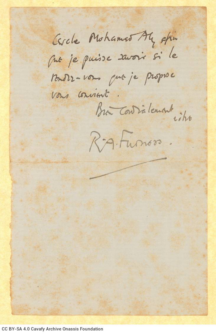 Handwritten letter by Robert Allason Furness to Alekos Singopoulo on both sides of a sheet. He asks for a meeting with him in