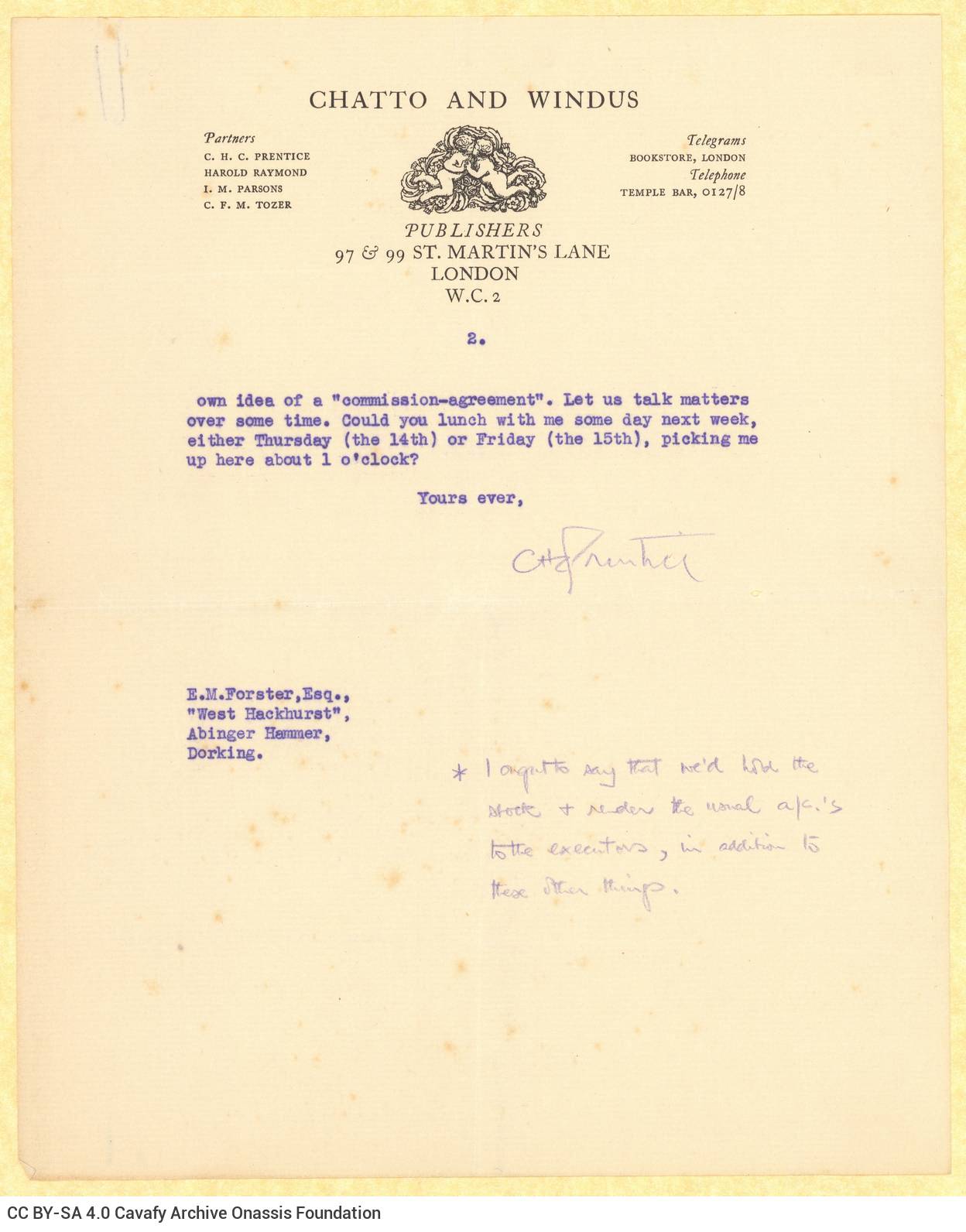 Typewritten letter by Charles Prentice (C. H. C. Prentice) to E. M. Forster on one side of two letterheads of the Chatto & Wi