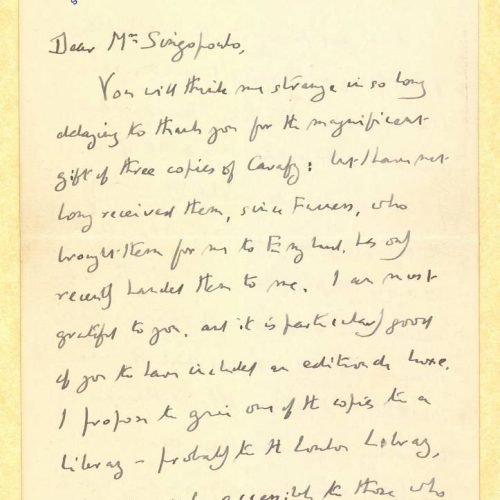 Handwritten letter by E. M. Forster to Alekos Singopoulo on both sides of a letterhead with his address in Dorking, England, 