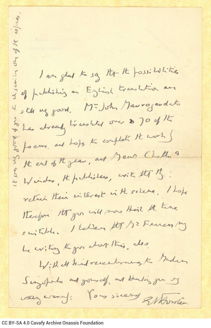 Handwritten letter by E. M. Forster to Alekos Singopoulo on both sides of a letterhead with his address in Dorking, England, 