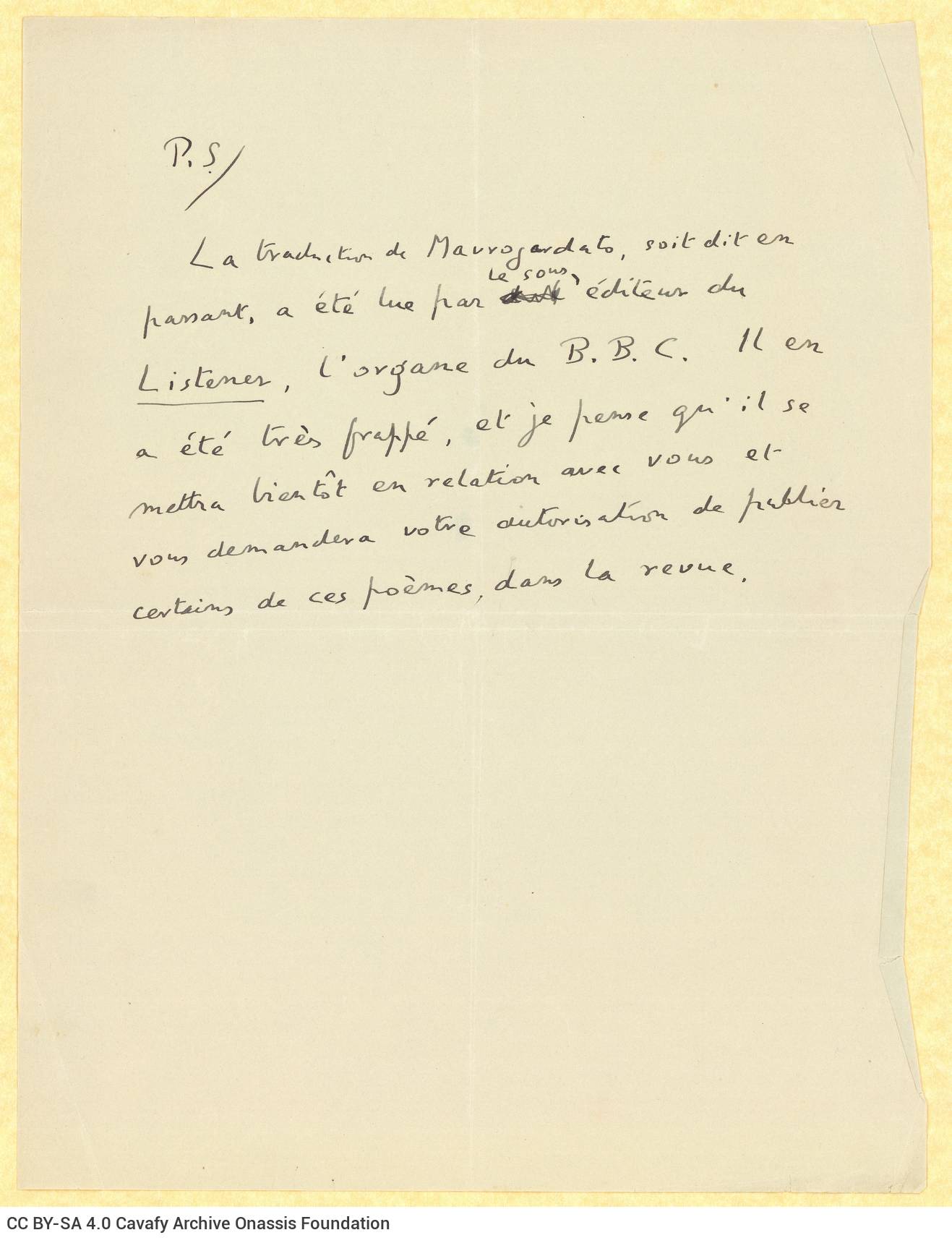 Typewritten letter by E. M. Forster to Rica Singopoulo on one side of a sheet, the verso of which is blank. Handwritten posts