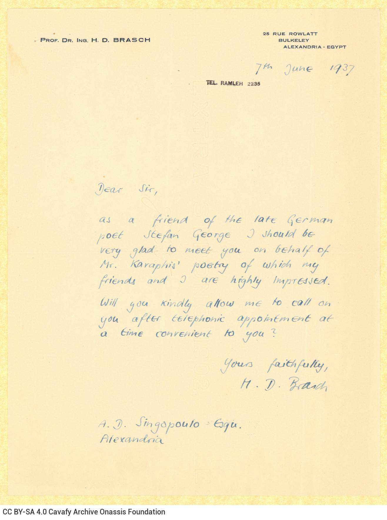 Handwritten letter by professor H. D. Brasch to Alekos Singopoulo on one side of a letterhead with the sender's name and addr