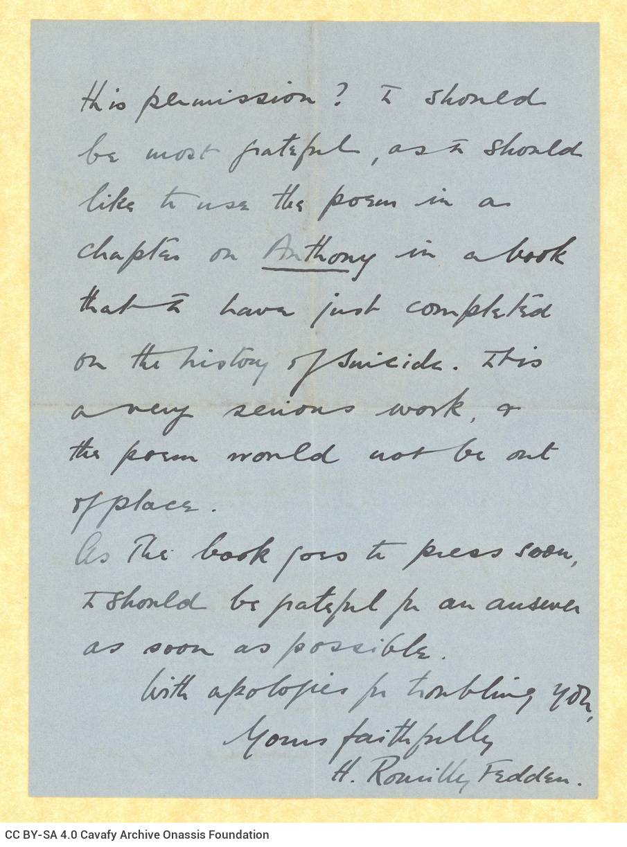 Χειρόγραφη επιστολή του H. Romilly Fedden προς τον Αλέκο Σεγκόπουλο στις δύ�