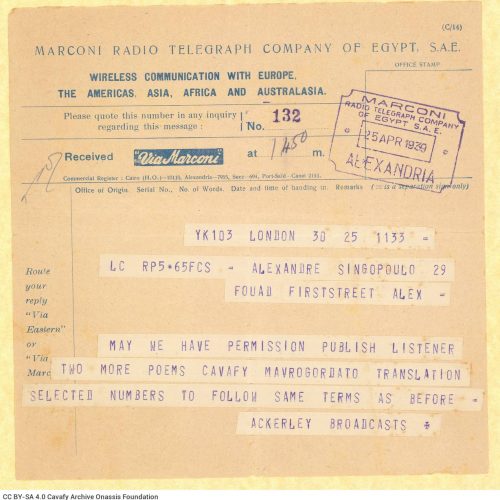 Telegram by *The Listener* to Alekos Singopoulo, asking his permission to publish two poems by Cavafy, translated by Mavrogor