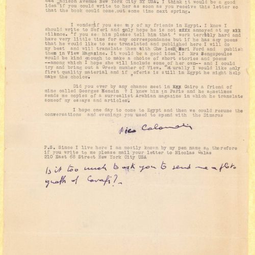 Typewritten letter by Nicolas Calas (Nico Calamaris) to Alekos Singopoulo on the recto of two sheets. Blank versos. Calas pro