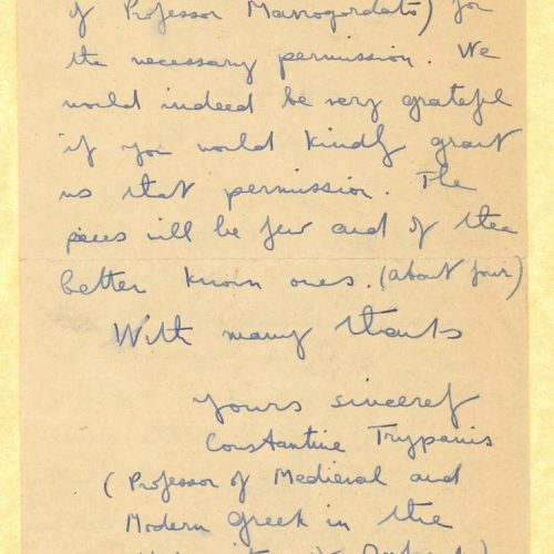 Handwritten letter by Constantine A. Trypanis to Alekos Singopoulo on both sides of a letterhead of Exeter College, Oxford. T