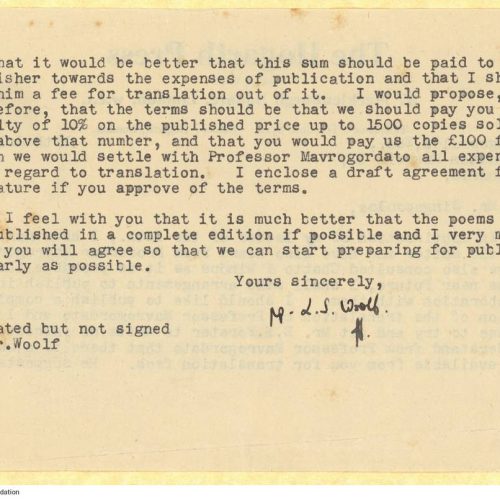 Typewritten letter by Leonard Woolf to Alekos Singopoulo on both sides of a letterhead of The Hogarth Press. The editor infor