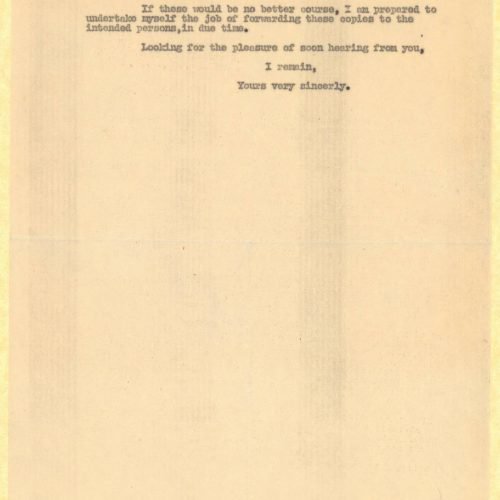 Typewritten copy of a letter by Alekos Singopoulo to Leonard Woolf on the recto of two sheets. Blank versos. The sender asks 