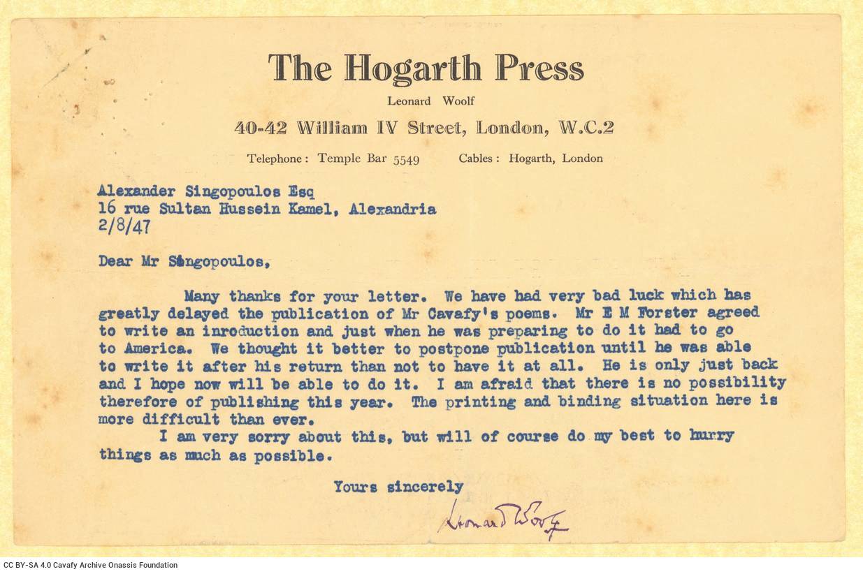 Typewritten letter by Leonard Woolf to Alekos Singopoulo on one side of a letterhead of The Hogarth Press. The editor refers 