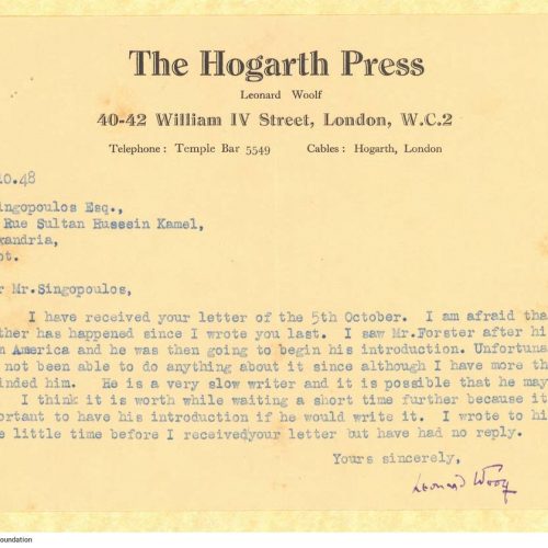Typewritten letter by Leonard Woolf to Alekos Singopoulo on one side of a letterhead of The Hogarth Press. He explains that t