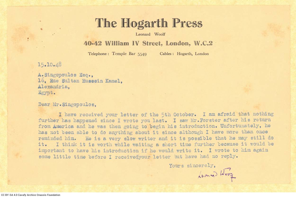 Typewritten letter by Leonard Woolf to Alekos Singopoulo on one side of a letterhead of The Hogarth Press. He explains that t