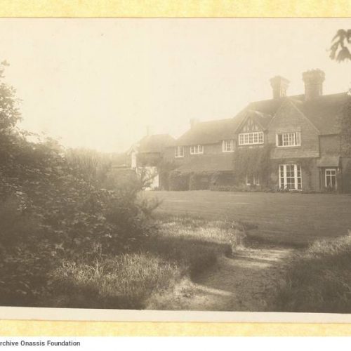 Handwritten note by E. M. Forster to Rica Singopoulo on the verso of a postcard with the image of his house in Dorking on the