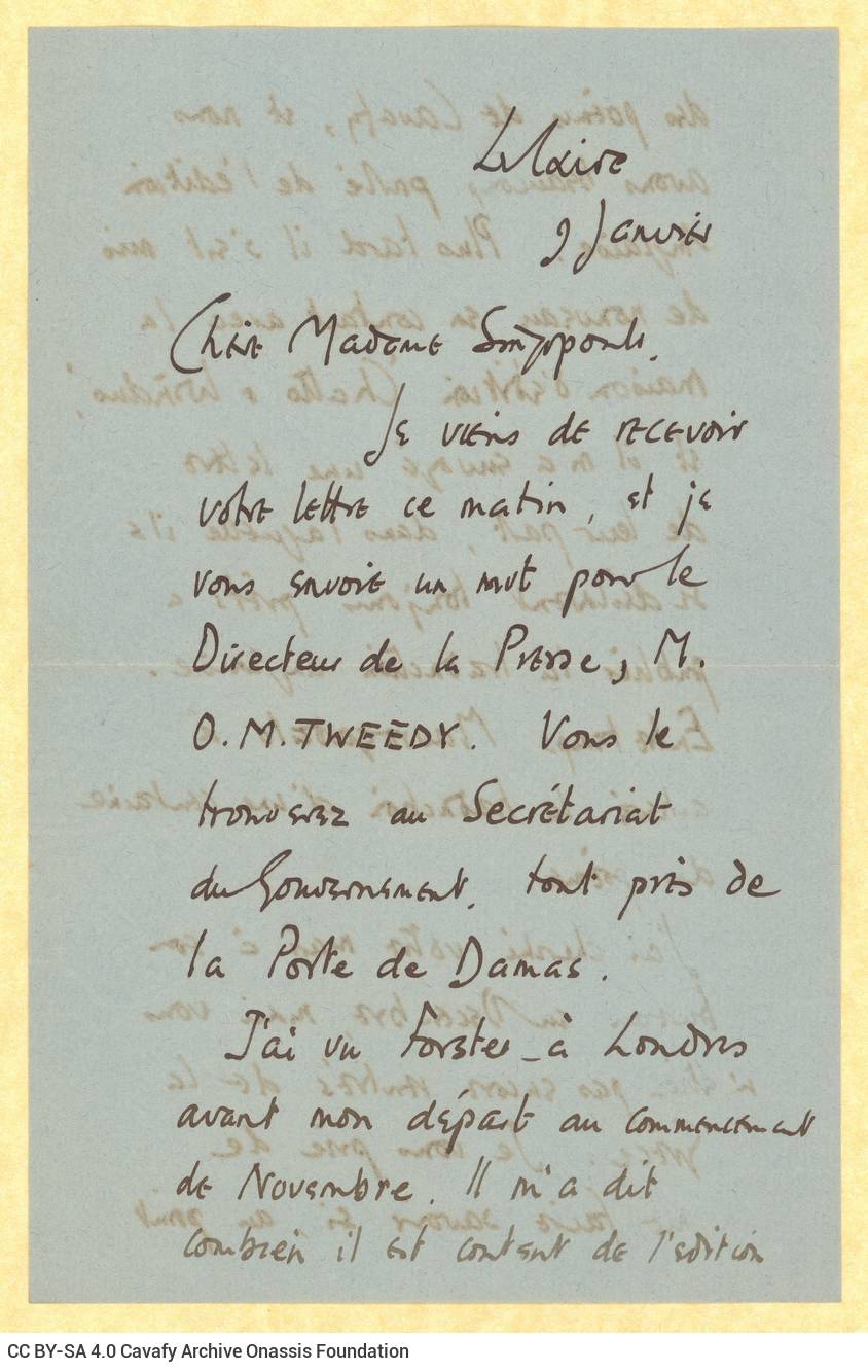 Handwritten letter by Robert Allason Furness to Rica Singopoulo on both sides of a sheet and on the recto of a second sheet, 