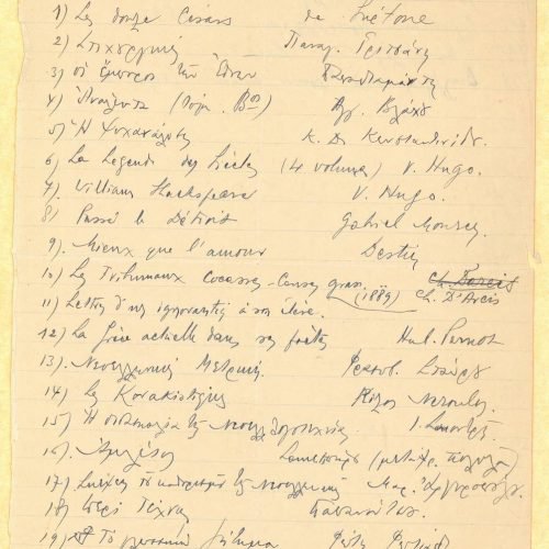 Handwritten notes by G. A. Papoutsakis on both sides of a ruled sheet. Twenty-three titles of books and their authors are rec