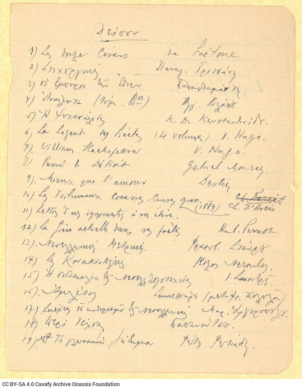 Handwritten notes by G. A. Papoutsakis on both sides of a ruled sheet. Twenty-three titles of books and their authors are rec
