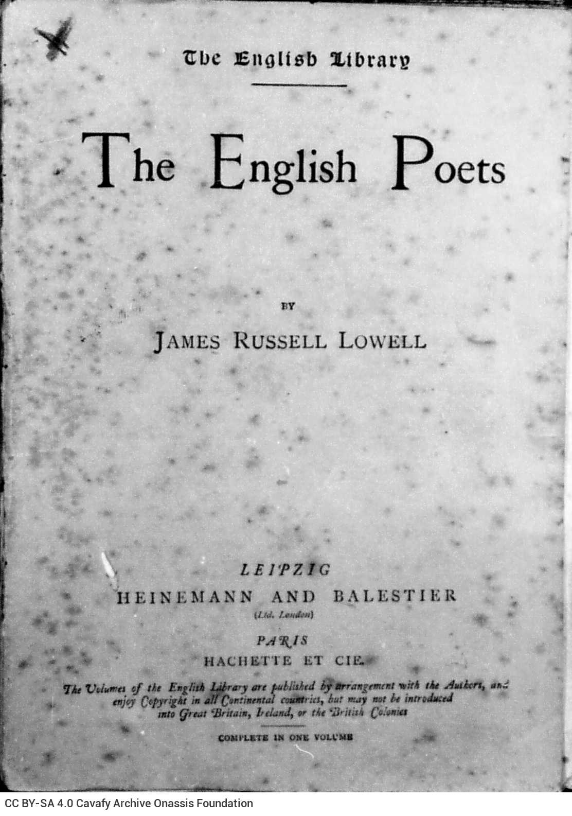 Handwritten note by Cavafy in a bifolio placed in the volume *The English Poets* by James Russell Lowell (James Russell Lo